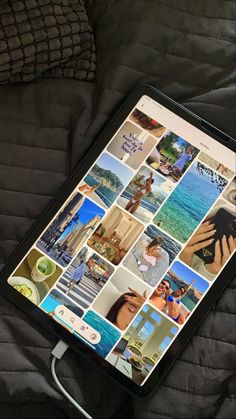 an ipad with multiple pictures on it sitting on a bed next to a pillow and blanket