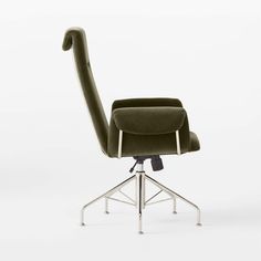 an office chair with a green upholstered seat and chrome base, viewed from the front