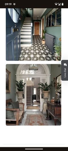 two pictures of the inside of a house, one with stairs and another with tiled floors