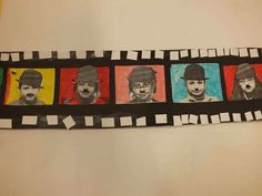 a group of people with hats and mustaches are on a strip of colored paper