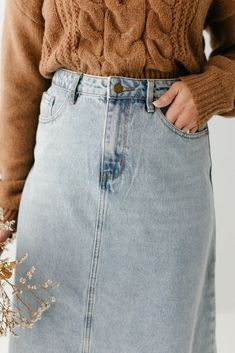 Light Wash Denim Skirt, Midi Demin Skirt, A Line Denim Skirt, Jean Skirts, Casual Dressing, 2024 Style, White Trash, Modest Clothing, Denim Collection