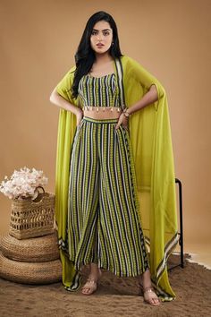 Shop for Soup by Sougat Paul Green Chiffon Orchid Bloom Print Palazzo Co-ord Set With Cape for Women Online at Aza Fashions Crop Top Palazzo, Sougat Paul, Asymmetric Cape, Cape Blouse, Cape For Women, Cape Set, Indian Fashion Designers, Paul Green, Mens Designer Fashion