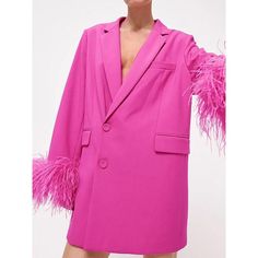 Discover Elegance and Style with Our Pink Feather Blazer Step into the world of high fashion with our stunning Pink Feather Spliced Blazer. A perfect blend of elegance and contemporary style, this women's single-breasted suit jacket is designed to impress. Whether you're headed to a business meeting or a casual day out, this blazer adds a touch of sophistication to any outfit. Its unique feather decoration and notched collar design make it a standout piece in your wardrobe. Product Features Material: High-quality blend of cotton and polyester, offering both comfort and durability. Design: Chic notched collar with a single-breasted closure, embellished with delicate feathers for a fashionable touch. Fit: Straight, loose fit that flatters a wide range of body types. Season: Versatile for all Fitted Party Blazer With Feathers, Spring Party Single-breasted Suit, Single Breasted Party Suits For Spring, Elegant Fitted Blazer With Feather Trim, Elegant Formal Blazer With Feathers, Elegant Party Blazer With Feather Trim, Formal Long-sleeve Feathered Outerwear, Elegant Evening Blazer With Feather Trim, Chic Formal Blazer With Feathers