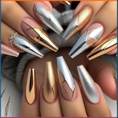 Gold And Silver Nails Ideas, Mixed Metal Nails, Blossom Nail Designs, Cherry Blossom Nails Design, Blossom Nail Art, Pomegranate Wedding, Clear Glitter Nails, Chrome Nail Designs, Nails Coquette