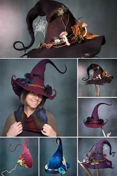 a collage of hats with different designs and colors on them, including one witch's hat