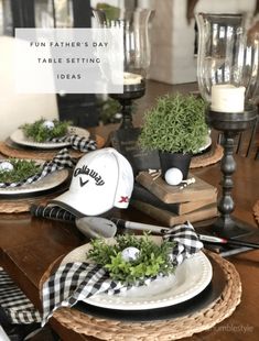 the table is set with place settings for two simple and unique father's day tablescape ideas