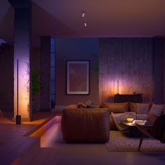 the living room is lit up with purple lighting and modern furniture, along with a painting on the wall