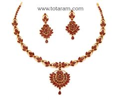 22 karat gold ruby necklace & drop earrings set - 235-GS3846 - in 38.000 Grams for USD $4,353.82 USD. 
Made in India by Totaram Jewelers Online this product is in Gold - 22 Karat BIS Hallmark 916 Gold  & is an excellent gift for Adult - Women. Ships fully insured with secured guaranteed delivery for free with your order over $250 from New Jersey USA & comes with 30 days exchange policy. Gold Necklace Set Simple Totaram Jewelers, Ruby Jewelry Necklaces Kameswari Jewellers, Luxury Yellow Gold Temple Necklace With Ruby, Emerald Necklaces, 22 Karat Gold Jewelry, Gold Ruby Necklace, 22k Gold Necklace, 22k Gold Jewelry, Ruby Emerald