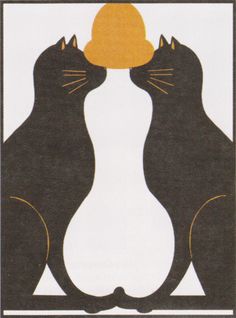 two black cats sitting next to each other in front of a white and yellow background