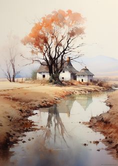 an image of a painting of a house and tree by the water's edge