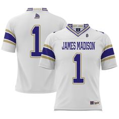 Get ready for gameday with this James Madison Dukes Football Jersey from GameDay Greats. It is made of pure polyester with sublimated graphics and features a unique James Madison Dukes design that is perfect for game day. This will quickly become your go-to jersey to wear during the game. White Collegiate Jersey With Sublimation Print, White Fan Apparel Jersey For College, White Collegiate Sublimation T-shirt With Team Logo, White College Fan Apparel Jersey, Collegiate Sublimation T-shirt With Team Logo, White Collegiate Sublimation Design With Team Logo, Collegiate Sublimation Design With Team Logo, Collegiate Game Day Jersey With Team Logo, White Varsity Jersey For Game Day