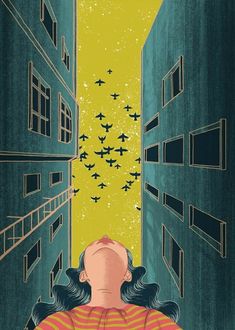 an image of someone looking up at the sky and birds flying in the air above them