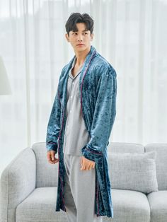 Composition : VelvetColor : blue free,grey blue freeCountry of Origin : KOREA Korean Mens Pajamas, Blue Long Sleeve Sleepwear For Lounging, Blue Winter Sleepwear For Pajama Party, Long Sleeve Winter Sleepwear, Gray Long Sleeve Sleepwear For Sleepover, Blue Long Sleeve Sleep Robe, Blue Long Sleeve Robe For Sleep, Blue Long Sleeve Robe, Blue Full-length Sleepwear For Loungewear