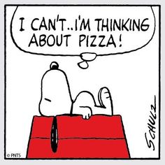 a cartoon dog is sitting on top of a pizza box with the caption i can't i'm thinking about pizza