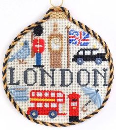 Travel Round - London with Stitch Guide Painted Canvas Needlepoint.Com Needlepoint Christmas Ornaments, Travel Ornament, Needlepoint Projects, Travel Canvas, Needlepoint Ornaments, Stitch Guide, Past And Future, Diy Cross, Diy Cross Stitch