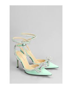 Mach & Mach Pumps In Green Silk | italist Green Evening Heels With Heel Strap, Evening Green Heels With Heel Strap, Green Heels For Gala, Green Ankle Strap Heels For Gala, Evening Green Heels With Wrapped Heel, Green Evening Heels With Wrapped Heel, Glamorous Green Heels For Evening, Green Wrapped Heel Evening Heels, Mach Mach Shoes Wedding