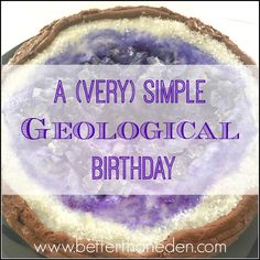 a very simple geolological birthday cake with purple and white frosting on it