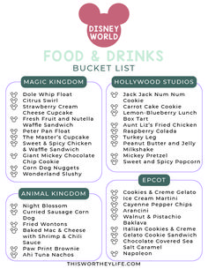 the disney world food and drinks bucket list is shown in purple, green, and blue