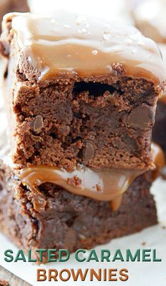 salted caramel brownies stacked on top of each other