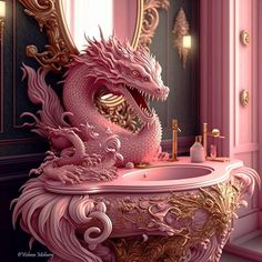 a pink dragon sink in a bathroom next to a mirror