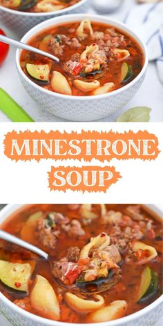 two bowls of minestone soup with noodles and vegetables