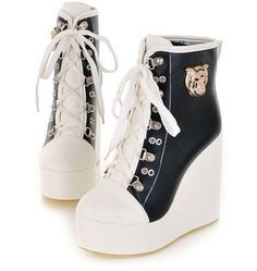 wedges  #shoes -  shoe  gorgeous,  wedge boots , - Pinned by @jennyallenn Boot Wedges, Galaxy Converse, Yellow Boots, Wedges Black, Cute Shoes Heels, Lace Up Wedges, Fancy Shoes