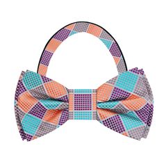 Elevate Your Style with Our Vibrant Silk Bow Tie: Grey, Purple, Light Blue, and Orange Pattern Step up your fashion game with our stunning silk bow tie, featuring a lively blend of grey, purple, light blue, and orange in a captivating pattern. This eye-catching accessory is perfect for adding a pop of color and personality to any outfit. Available as both a self-tie and a pre-tied bow tie, it fits neck sizes from 13" to 22". Don't forget to complete your look with a matching pocket square for th Summer Party Bow With Bow Tie Back, Adjustable Bow Tie For Summer Party, Purple Bow Tie For Party, Summer Party Bow Tie With Detachable Bow, Summer Party Adjustable Bow Tie, Purple Party Bow Tie, Pre-tied Butterfly Knot Bow Tie For Party, Summer Decorative Bow Tie, Spring Party Bow Tie With Satin Bow