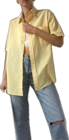 Spring Relaxed Fit Solid Color Shirt, Plain Oversized Spring Shirt, Spring Yellow Tops With Pockets, Trendy Solid Color Shirt For Spring, Spring Trendy Solid Color Shirt, Oversized Yellow Collared Tops, Oversized Yellow Tops With Pockets, Oversized Yellow Top With Pockets, Yellow Cotton Button-up Shirt