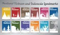 the vietnam and indonesia landmarks are shown in different colors, including red, yellow, blue, green, orange