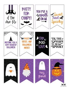 printable halloween banners with ghost, pumpkins and witches in purple and black colors