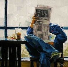 a painting of a person sitting at a table with a newspaper in front of them