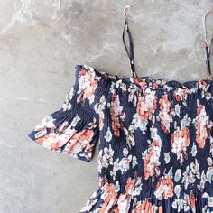 smocked cold shoulder romper in navy floral print - shophearts - 2 Spring Rayon Smocked Top With Smocked Back, Summer Rayon Smocked Top, Summer Rayon Smocked Top With Smocked Back, Summer Rayon Smocked Top With Smocked Bodice, Summer Smocked Bodice Top In Rayon, Casual Smocked Rayon Top, Casual Smocked Top With Rayon Bodice, Casual Smocked Top With Spaghetti Straps For Summer, Casual Smocked Top With Adjustable Straps For Spring