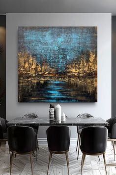 Original handmade abstract landscape painting with deep blue sky and golden reflections on water, textured brushstrokes create dramatic atmosphere Large Wall Art, Focal Point