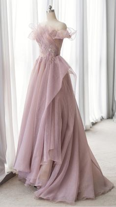 Off The Shoulder Evening Dress, Off Shoulder Evening Dress, A Line Prom Dress, Vestidos Color Rosa, Pink Evening Dress, Tulle Sleeves, Pink Prom Dress, Pink Sparkly, Pink Prom