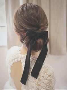 Feminine Hairstyles For Short Hair, Bridesmaid Hair Bow, Bridesmaid Hair With Ribbon, Wedding Hair Updo With Bow, Bow Updo, Wedding Updo With Bow, Up Do With Bow, Short Hair With Bow, Bridal Hair Bow