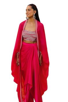 Rani pink draped pickup skirt. Paired with a star shot crystal embroidered bustier and embellished cape. - Aza Fashions Fitted Draped Pink Set, Pink Fitted Draped Set, Pink Embellished Draped Dress, Embroidered Bustier, Rani Pink, Women Kurta, Draped Skirt, Set Women, Pink Crystal