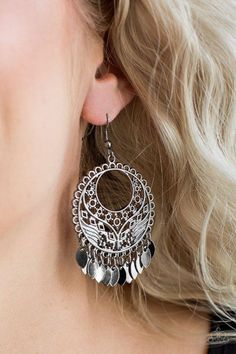 Brushed in a high-sheen finish, glistening gunmetal filigree climbs a round frame for an ornate look. Feathery gunmetal frames swing from the bottom of the frame, creating a whimsical fringe. Earring attaches to a standard fishhook fitting. Sold as one pair of earrings. P5WH-BKXX-154XX Gunmetal Earrings, Paparazzi Earrings, Sparkle Fashion, Fringe Earring, Silver Strand, Pink Dragon, Purple Pearl, Silver Frames, Glam Style