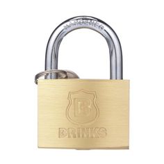 a brass padlock with the word brinks on it's side and a metal handle