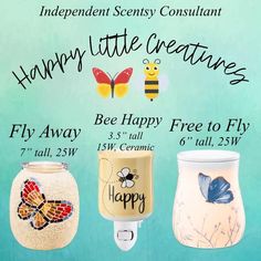 an advertisement for bees happy free to fly candle warmers with the words happy little creatures on them