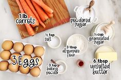 an image of eggs and carrots on a table with ingredients to make it look like they are cooking