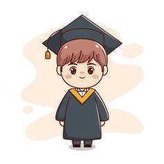 a boy wearing a graduation cap and gown, standing in front of a beige background