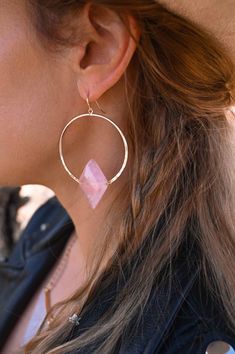 pink rose quartz pendant gold hoop earrings Gold Rose Quartz Earrings For Gift, Rose Quartz Drop Earrings Gift, Rose Quartz Hoop Earrings, Pink Rose Quartz Earrings For Gifts, Elegant Nickel-free Rose Quartz Earrings, Rose Gold Quartz, Angel Aura Quartz, Rose Quartz Earrings, Crystal Accessories