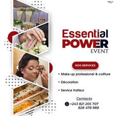 a flyer for an event with photos of people getting their makeup done and the words, essential power event