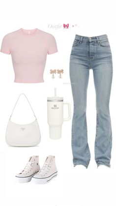 Jeans Back To School Outfits, Dress To School Outfit, Outfit Ideas For School Coquette, Pinterest Clothes Aesthetic, Cute Pink Shirt Outfits, School Pink Outfits, Cute Work Casual Outfits, Pants You Need In Your Wardrobe, Clean Girl Outfits Ideas