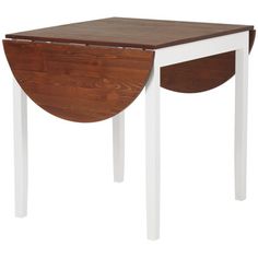 a small wooden table with white legs