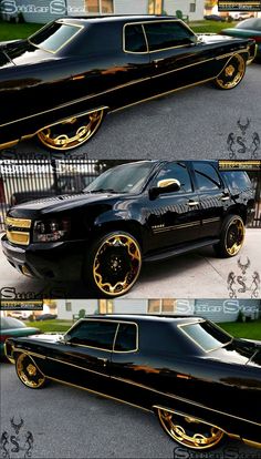 this is an image of a black car with gold rims and chrome wheels on it