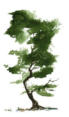 a watercolor painting of a tree with green leaves