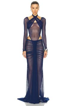 LaQuan Smith Maxi Skirt in Navy | FWRD Usa Outfit Ideas, Bodysuit Outfit Ideas, Halter Bodysuit, Laquan Smith, Body Suit Outfits, Glam Dresses, Sheer Fabric, Inspiration Mode