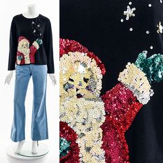 "- Vintage Magical Christmas Sweater - Sequin and Hand Beaded Santa with Magical Snowflakes - Black Long Sleeve Blouse - Sequined Santa Design Fits like:  Medium-Large Material:  Ramie, Rayon, Nylon Condition:  Good to Great Clipped on Mannequin:  No ✂ SIZE + FIT ✂ Length: 22.5\" / 57 cm Shoulders, seam to seam: 18\" / 46 cm Sleeve Length: 21\" / 53 cm Bust: 40\" / 102 cm Waist: 38\" / 97 cm All measurements are taken with garment lying flat. ALWAYS refer to measurements as vintage sizes can vary greatly from today's modern sizes. We recommend comparing measurements above with a similar style garment you own for best fit before purchasing.  DRESS FORM / MANNEQUIN is wearing the size detailed above but she typically measures a size 4/6 by modern retail sizes or a general size small. Belt Ac Santa Sweater, Good To Great, Dress Form Mannequin, Black Blouse Long Sleeve, Dress Form, Magical Christmas, Hand Beading, Women Pullover, Pullover Sweaters