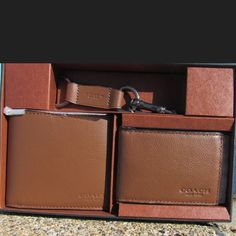 Brand New In Box Men’s Gift Set Of Wallet, Id Case And Keychain By Coach Done In Gorgeous Brown Leather (Coach Lists The Color As “Dark Saddle”). All Three Pieces Are Stamped “Coach New York”. Original Retail $225. Coach Rectangular Wallets As Gift, Coach Wallet With Coin Pocket For Gift, Coach Wallet With Coin Pocket As Gift, Coach Rectangular Wallet For Formal Occasions, Coach Rectangular Formal Wallet, Coach Formal Rectangular Wallets, Formal Rectangular Coach Wallets, Coach Bifold Wallet As Gift, Classic Coach Wallet As Gift